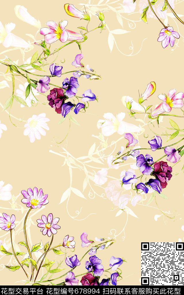 三色堇花朵花簇数码印花华亿平台下载（图片编号: 678994） - 瓦栏（Walan）
