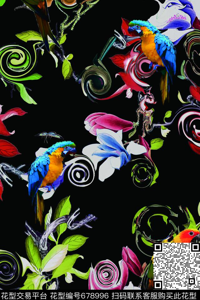 玉兰抽象小鸟数码印花华亿平台下载（图片编号: 678996） - 瓦栏（Walan）