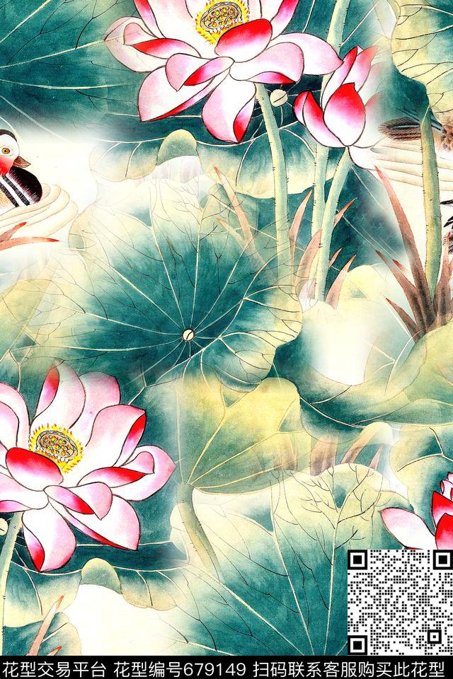 清爽大花水墨荷花手绘荷花数码印花华亿平台下载（图片编号: 679149） - 瓦栏（Walan）