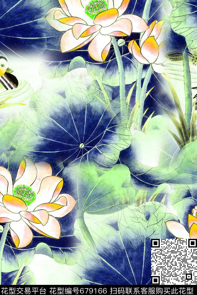 清爽大花水墨荷花手绘荷花数码印花华亿平台下载（图片编号: 679166） - 瓦栏（Walan）