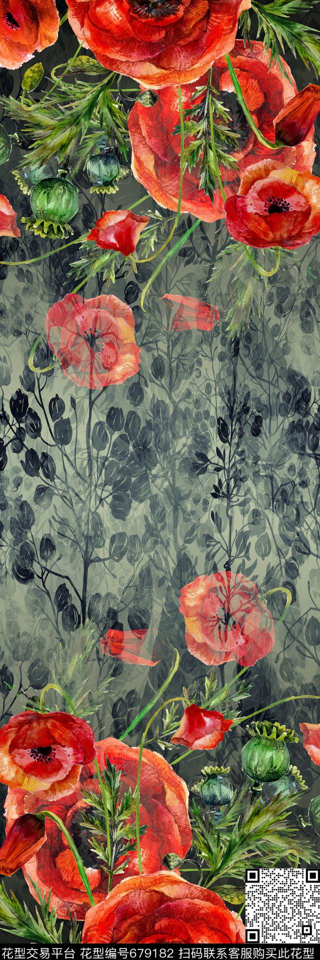 方巾罂粟花剪影数码印花华亿平台下载（图片编号: 679182） - 瓦栏（Walan）