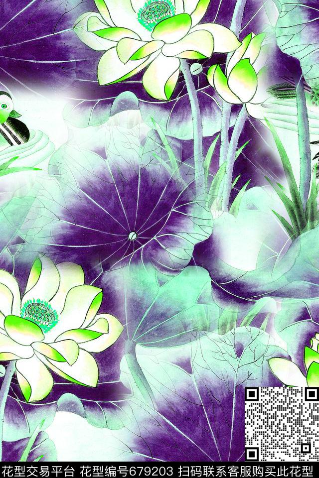 清爽大花水墨荷花手绘荷花数码印花华亿平台下载（图片编号: 679203） - 瓦栏（Walan）