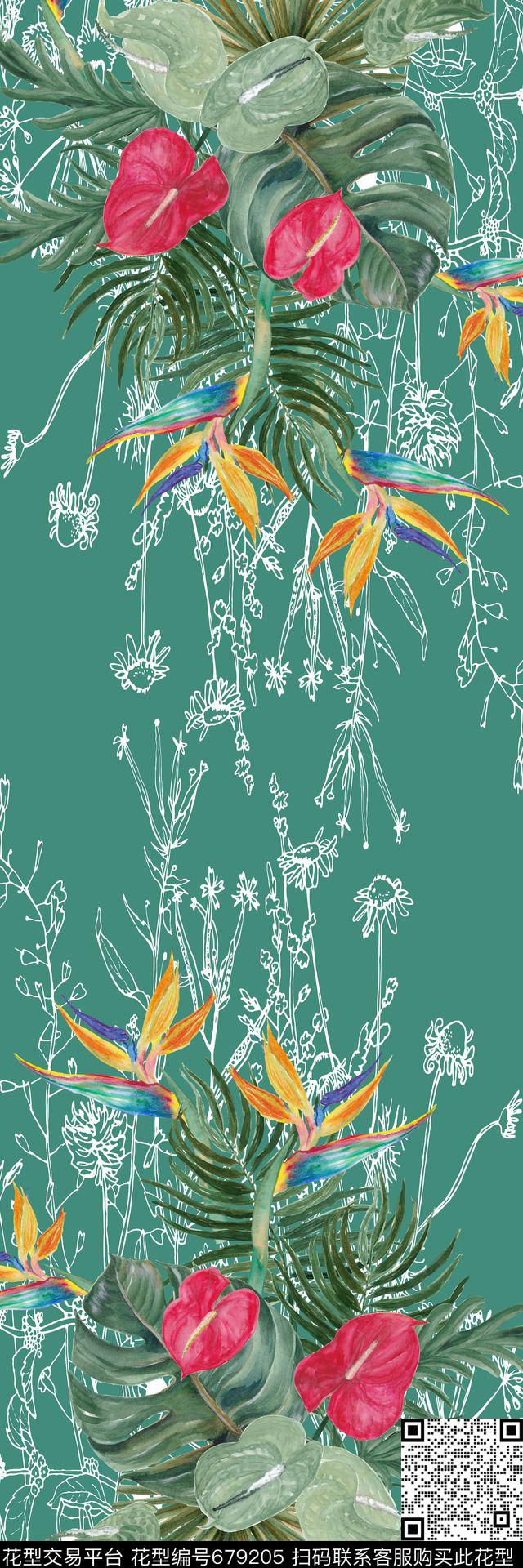 手绘热带植物数码印花华亿平台下载（图片编号: 679205） - 瓦栏（Walan）