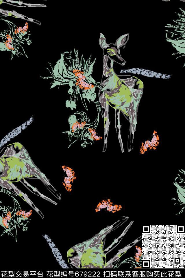手绘涂鸦鹿传统印花华亿平台下载（图片编号: 679222） - 瓦栏（Walan）