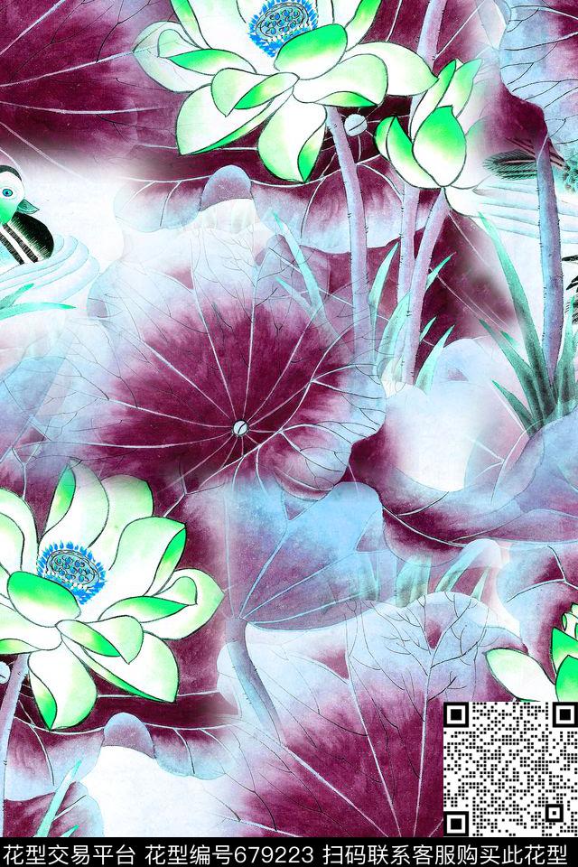 清爽大花水墨荷花手绘荷花数码印花华亿平台下载（图片编号: 679223） - 瓦栏（Walan）