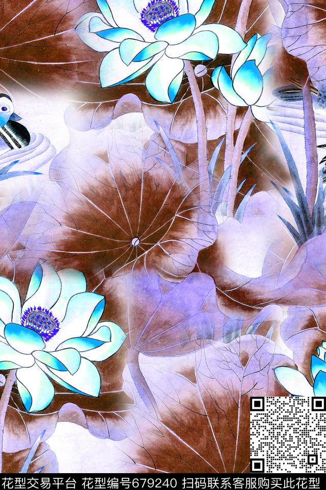 清爽大花水墨荷花手绘荷花数码印花华亿平台下载（图片编号: 679240） - 瓦栏（Walan）