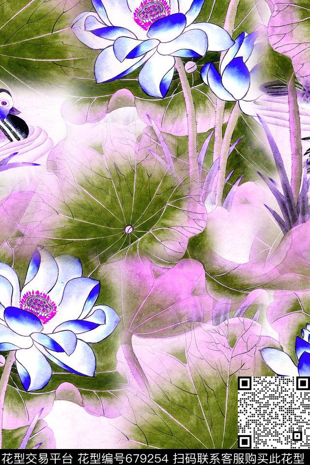 清爽大花水墨荷花手绘荷花数码印花华亿平台下载（图片编号: 679254） - 瓦栏（Walan）