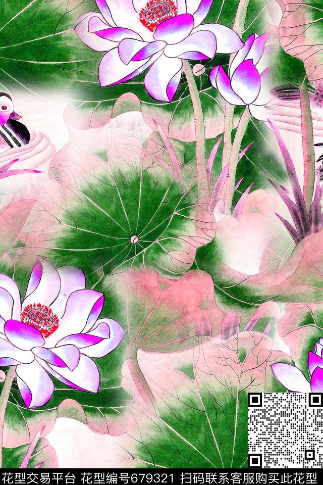 清爽大花水墨荷花手绘荷花数码印花华亿平台下载（图片编号: 679321） - 瓦栏（Walan）