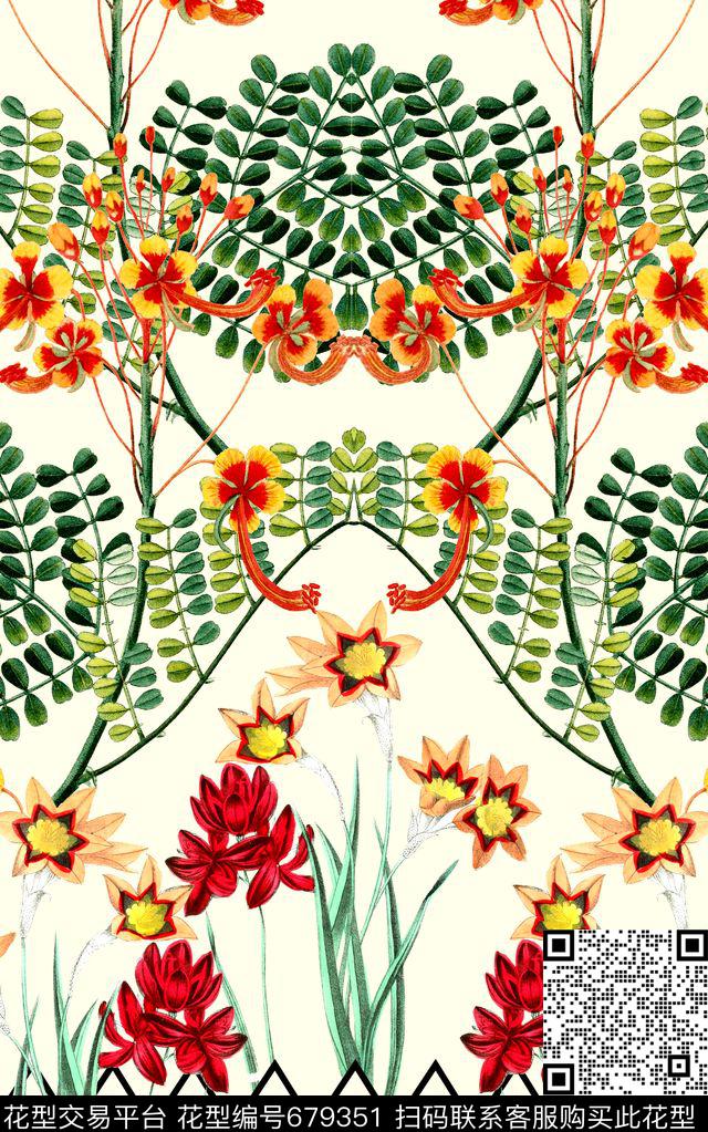 时尚手绘花卉数码印花华亿平台下载（图片编号: 679351） - 瓦栏（Walan）