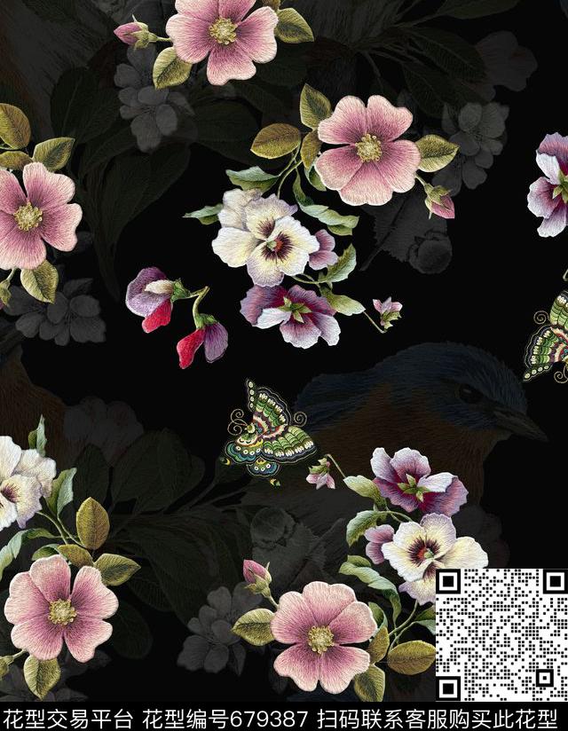 刺绣花鸟D&G杜嘉班纳数码印花华亿平台下载（图片编号: 679387） - 瓦栏（Walan）