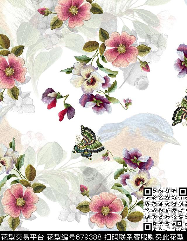 刺绣花鸟D&G杜嘉班纳数码印花华亿平台下载（图片编号: 679388） - 瓦栏（Walan）