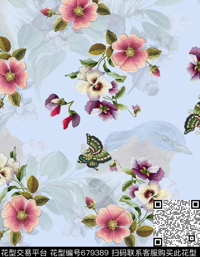 刺绣花鸟D&G杜嘉班纳数码印花华亿平台下载（图片编号: 679389） - 瓦栏（Walan）