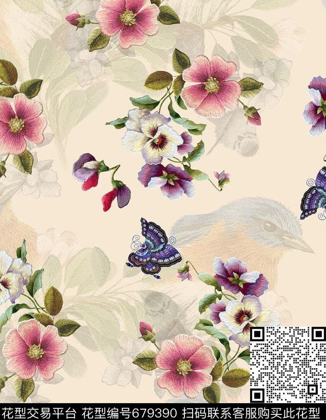 刺绣花鸟D&G杜嘉班纳数码印花华亿平台下载（图片编号: 679390） - 瓦栏（Walan）