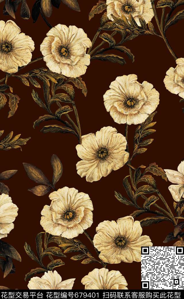 手绘复古花卉欧美复古花卉时尚配色复古花卉数码印花华亿平台下载（图片编号: 679401） - 瓦栏（Walan）