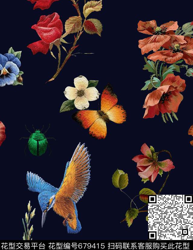 刺绣花鸟蝴蝶数码印花华亿平台下载（图片编号: 679415） - 瓦栏（Walan）