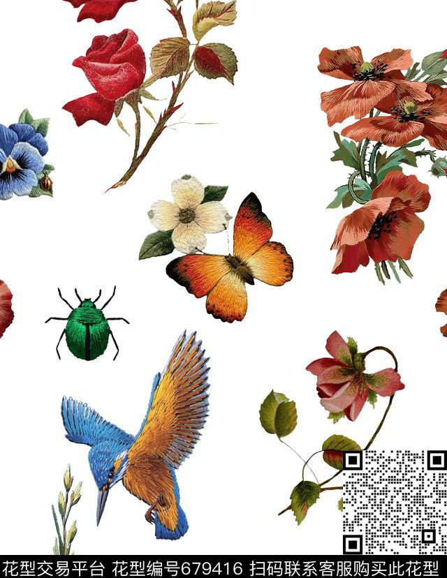 刺绣花鸟蝴蝶数码印花华亿平台下载（图片编号: 679416） - 瓦栏（Walan）