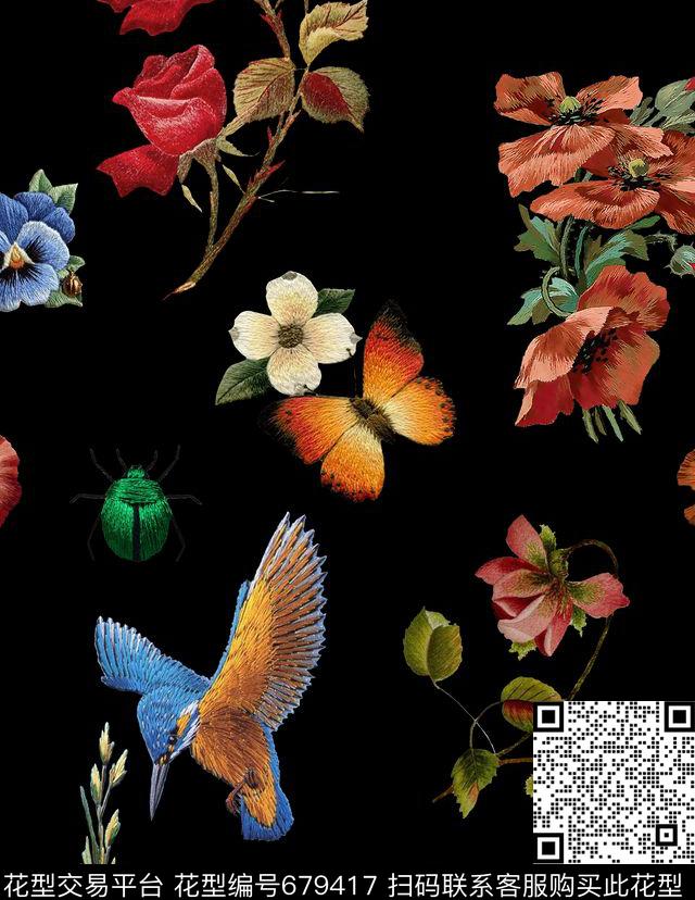 刺绣花鸟蝴蝶数码印花华亿平台下载（图片编号: 679417） - 瓦栏（Walan）