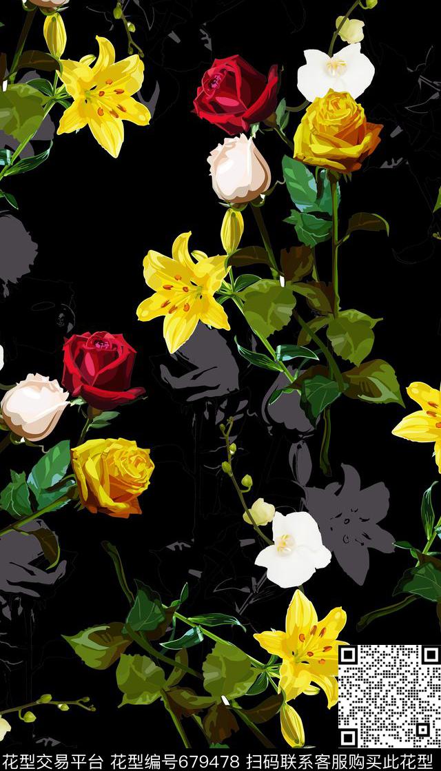 时尚花卉复古艳丽女装数码印花华亿平台下载（图片编号: 679478） - 瓦栏（Walan）