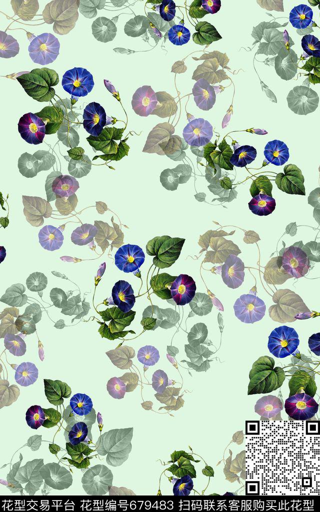 花卉牵牛花花朵喇叭花数码印花华亿平台下载（图片编号: 679483） - 瓦栏（Walan）
