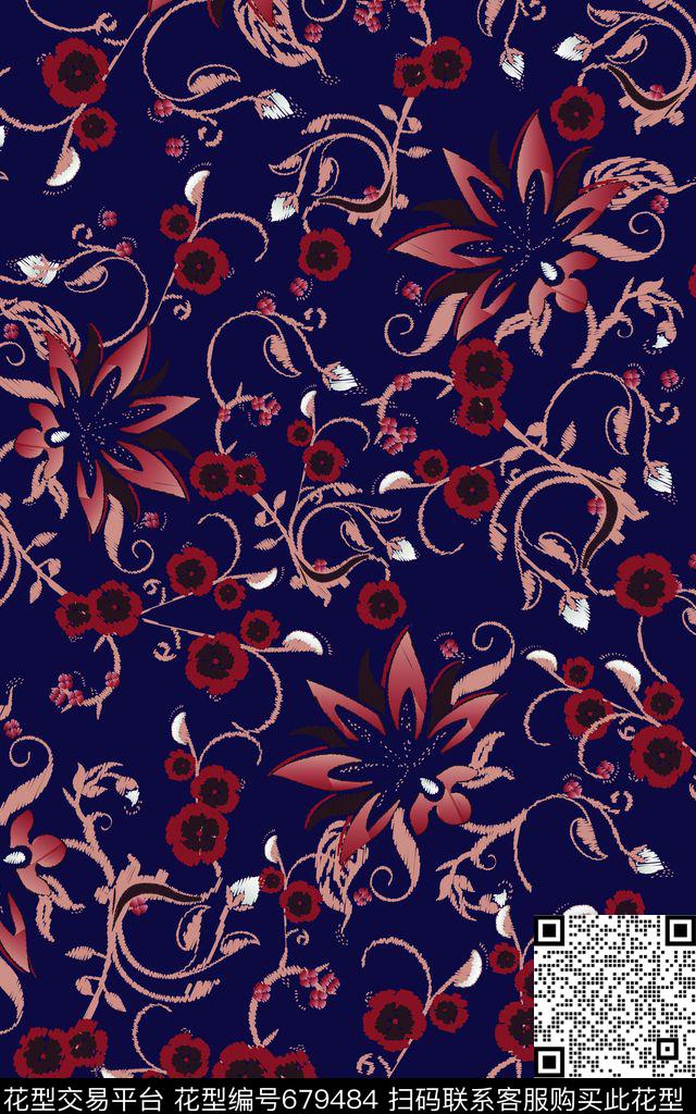 抽象花卉花朵绣花电绣数码印花华亿平台下载（图片编号: 679484） - 瓦栏（Walan）