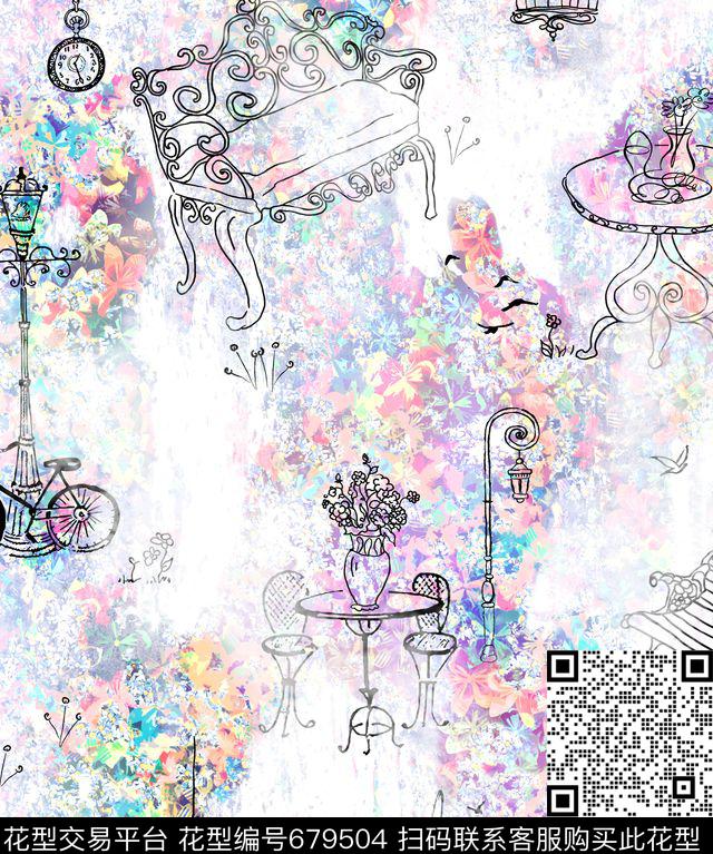 碎花花丛路灯数码印花华亿平台下载（图片编号: 679504） - 瓦栏（Walan）