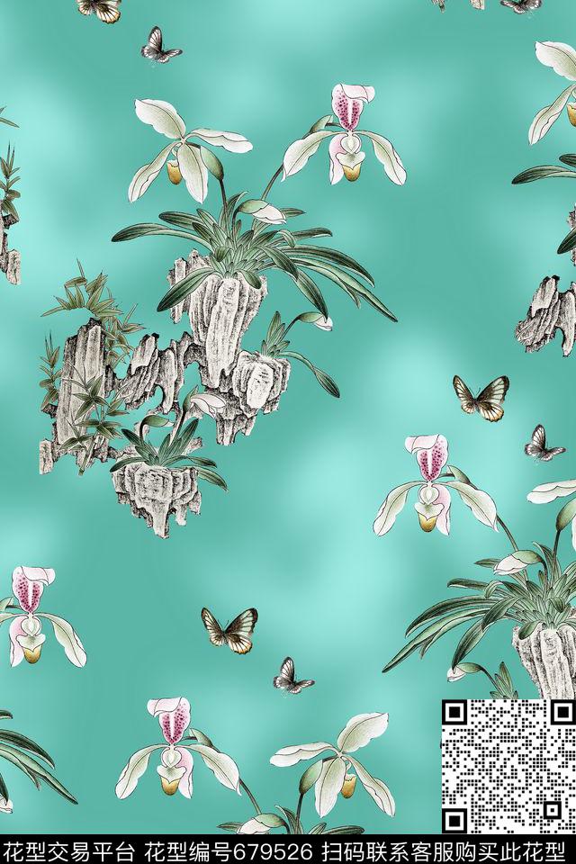 旗袍工笔花石头数码印花华亿平台下载（图片编号: 679526） - 瓦栏（Walan）