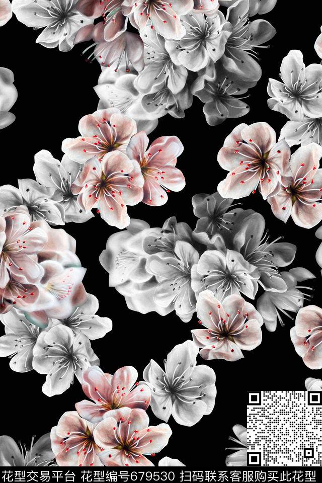 油画花卉黑底秋冬数码印花华亿平台下载（图片编号: 679530） - 瓦栏（Walan）