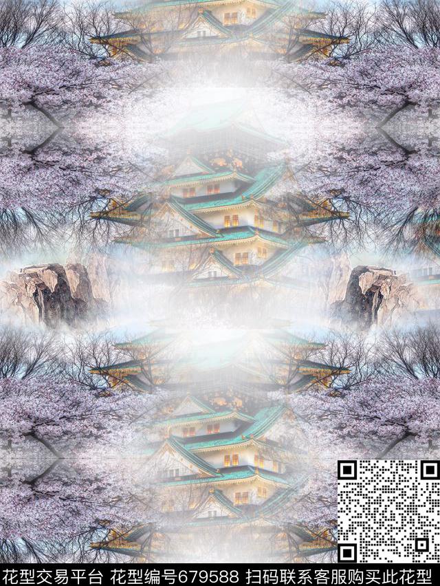 梦幻樱花宝塔数码印花华亿平台下载（图片编号: 679588） - 瓦栏（Walan）
