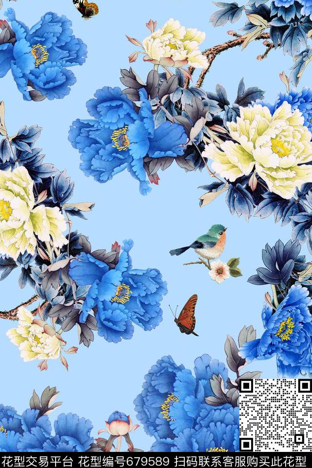 水墨牡丹水墨花卉旗袍花数码印花华亿平台下载（图片编号: 679589） - 瓦栏（Walan）