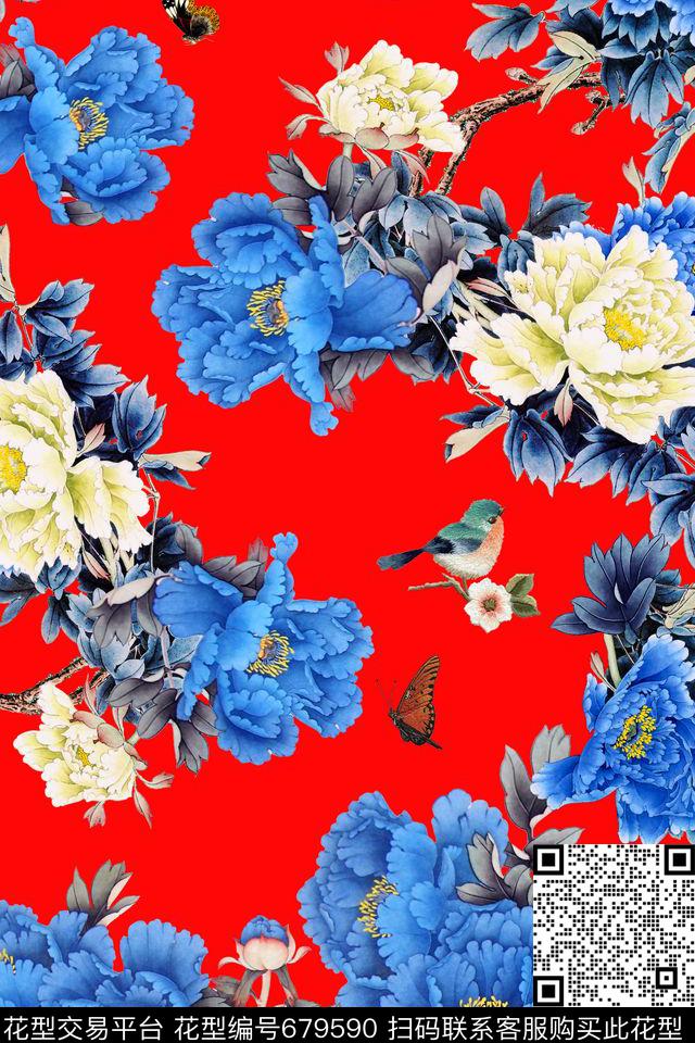 水墨牡丹水墨花卉旗袍花数码印花华亿平台下载（图片编号: 679590） - 瓦栏（Walan）