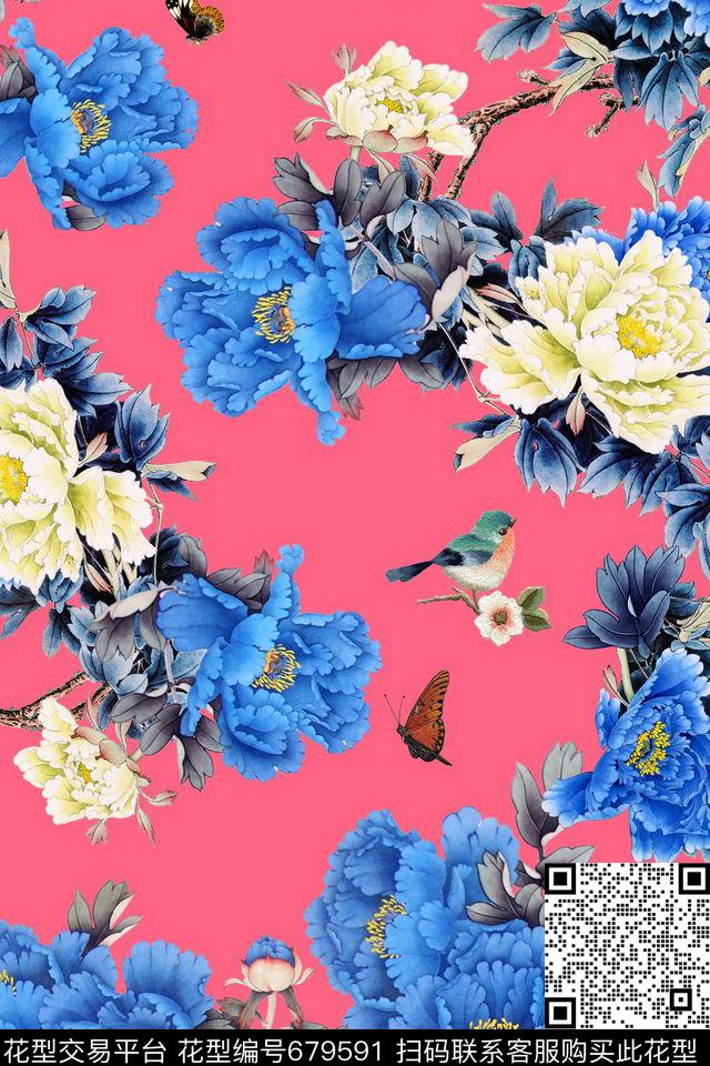 水墨牡丹水墨花卉旗袍花数码印花华亿平台下载（图片编号: 679591） - 瓦栏（Walan）