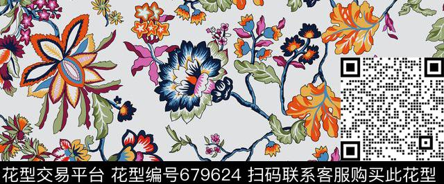传统卷草时尚印花17SS新款可做绣花传统印花华亿平台下载（图片编号: 679624） - 瓦栏（Walan）