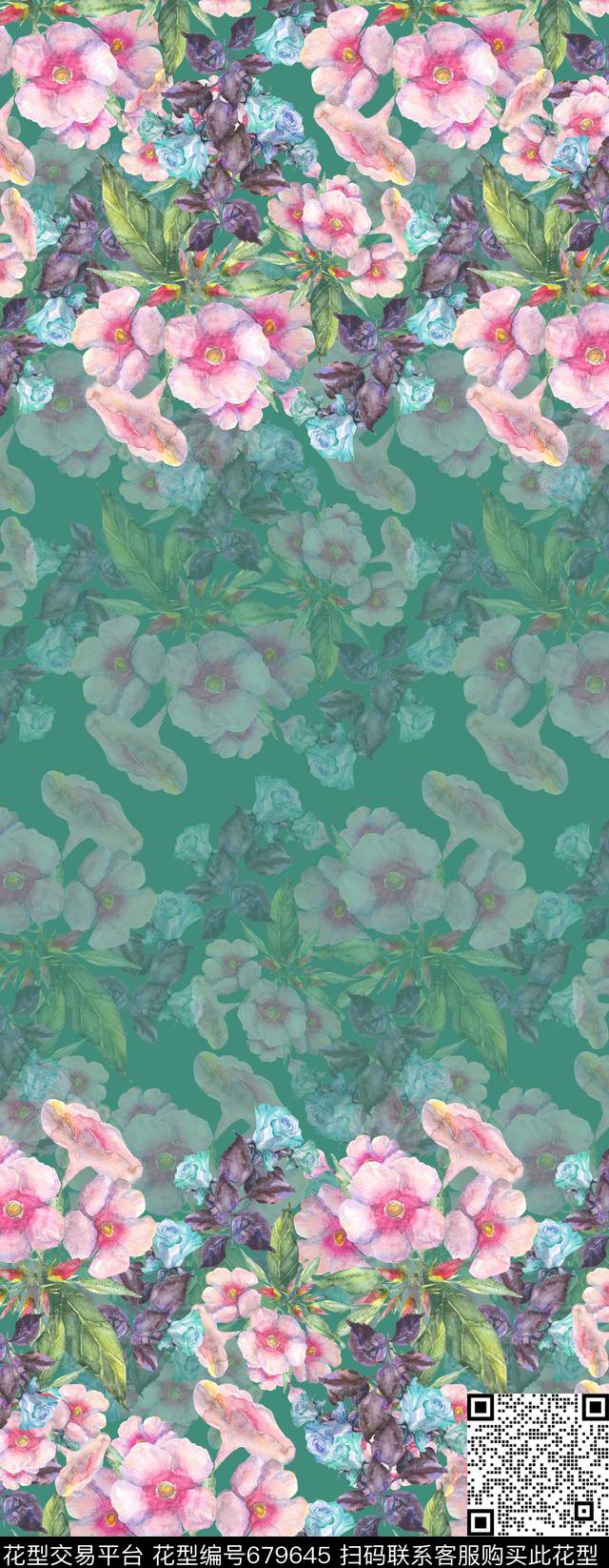 手绘花卉绿叶数码印花华亿平台下载（图片编号: 679645） - 瓦栏（Walan）