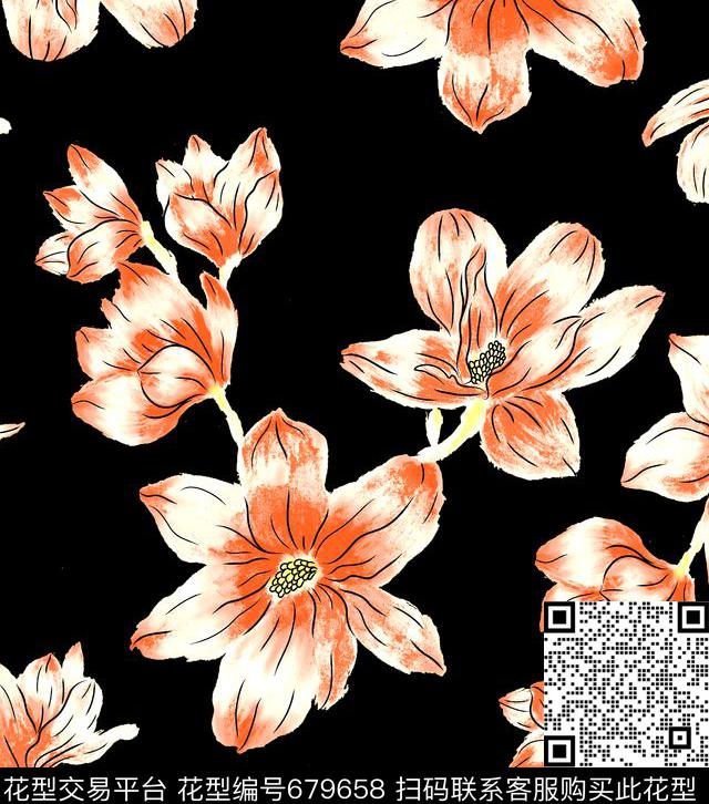 手绘花卉女装华亿平台手绘水彩花传统印花华亿平台下载（图片编号: 679658） - 瓦栏（Walan）