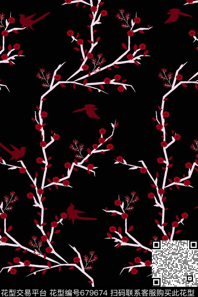 中国风梅花小鸟传统印花华亿平台下载（图片编号: 679674） - 瓦栏（Walan）