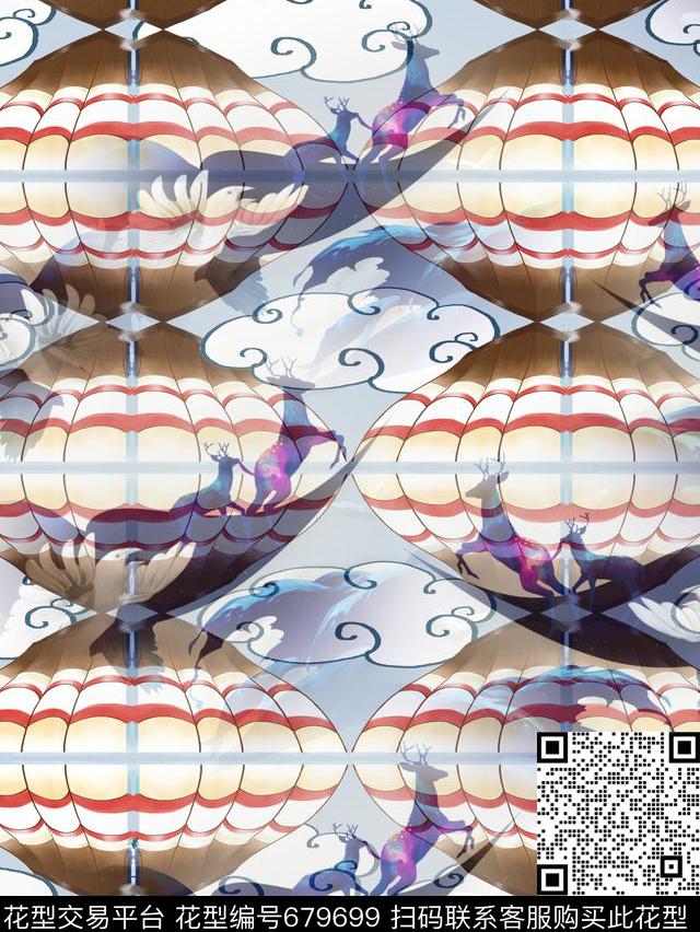 手绘热气球云朵数码印花华亿平台下载（图片编号: 679699） - 瓦栏（Walan）