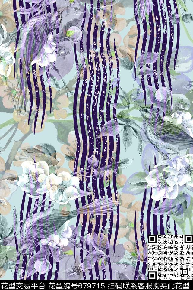 手绘抽象花鸟数码印花华亿平台下载（图片编号: 679715） - 瓦栏（Walan）