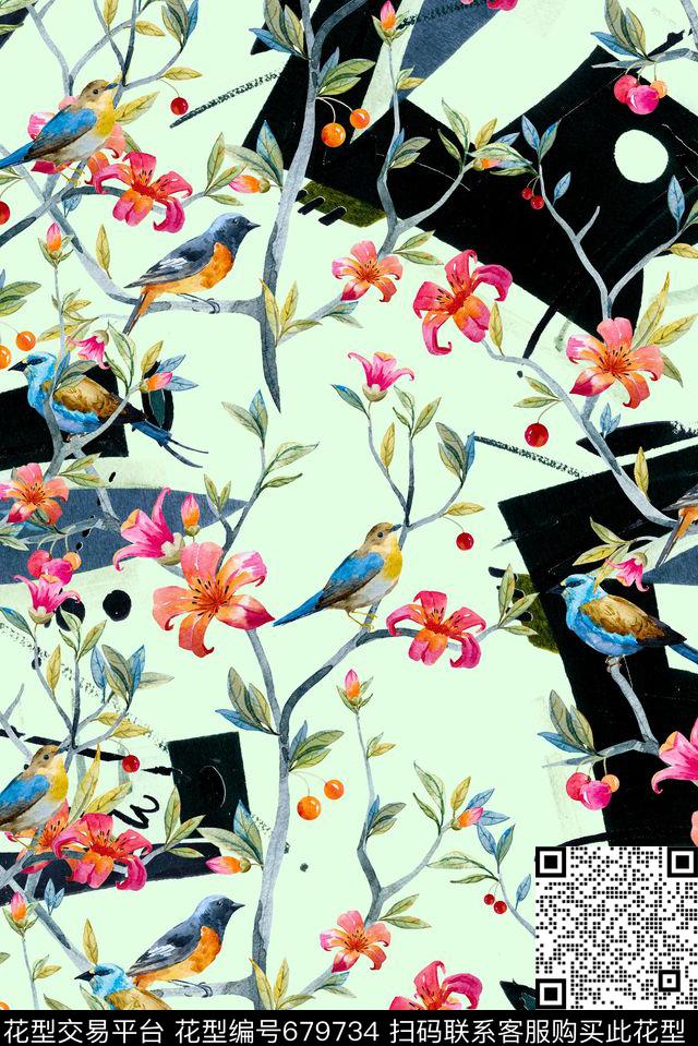 手绘树枝枝条数码印花华亿平台下载（图片编号: 679734） - 瓦栏（Walan）