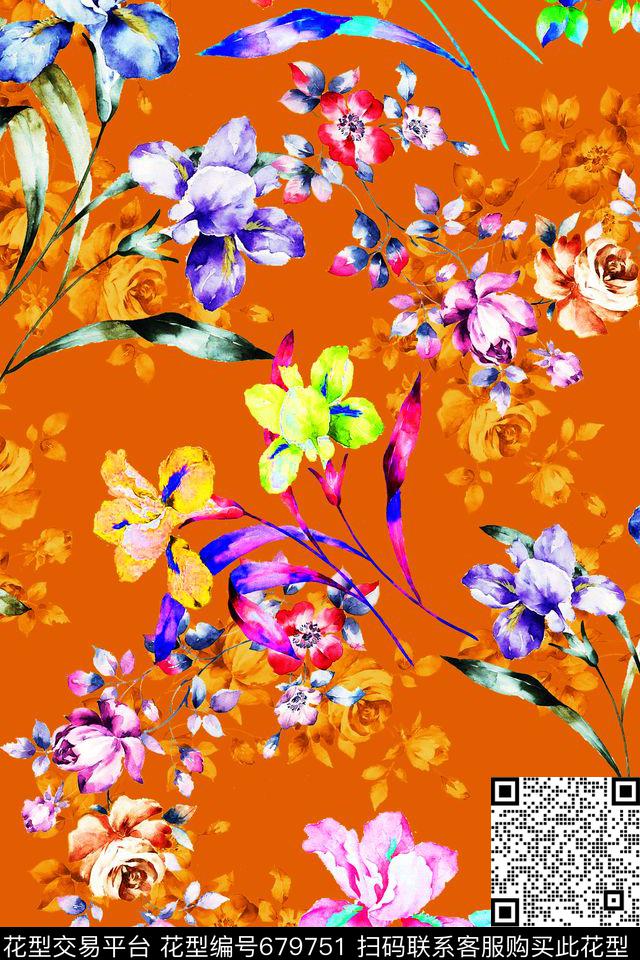 手绘花卉水彩数码印花华亿平台下载（图片编号: 679751） - 瓦栏（Walan）