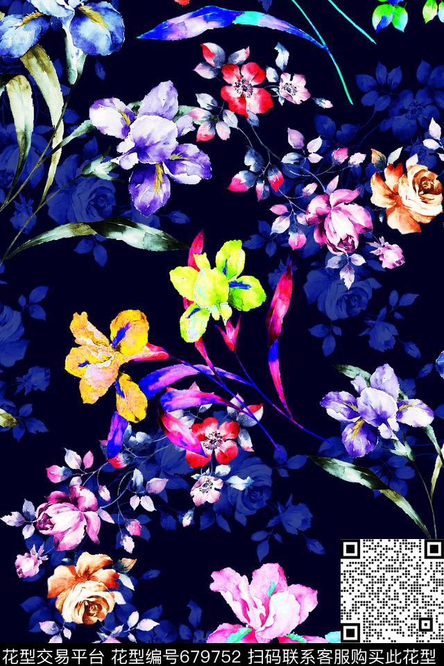 手绘花卉水彩数码印花华亿平台下载（图片编号: 679752） - 瓦栏（Walan）