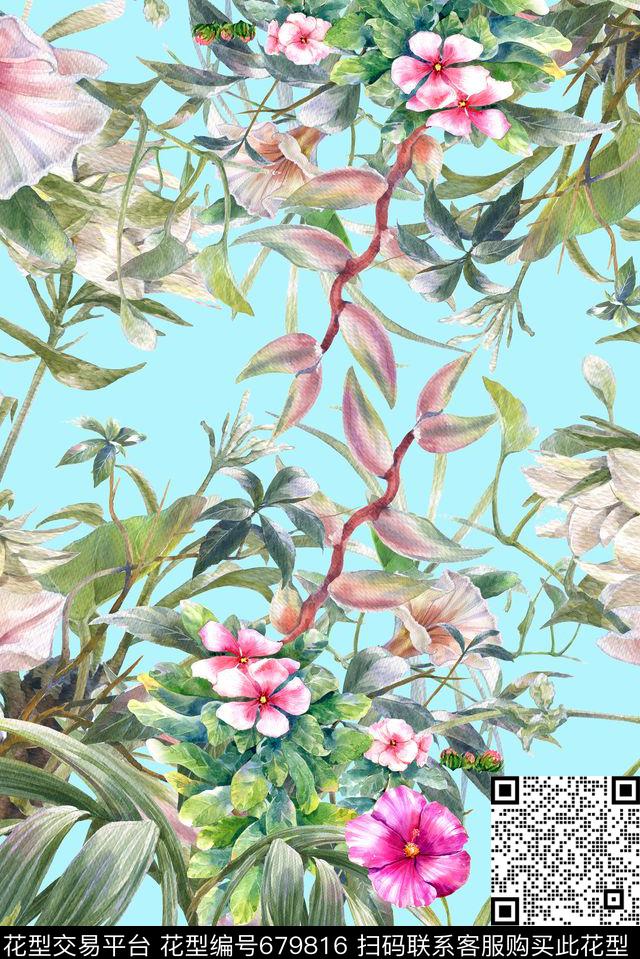 手绘花卉绿叶数码印花华亿平台下载（图片编号: 679816） - 瓦栏（Walan）