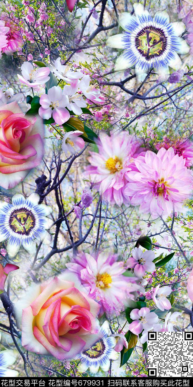 清爽数码树枝桃花玫瑰花数码印花华亿平台下载（图片编号: 679931） - 瓦栏（Walan）