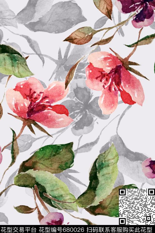 手绘水彩水彩大气花朵数码印花华亿平台下载（图片编号: 680026） - 瓦栏（Walan）