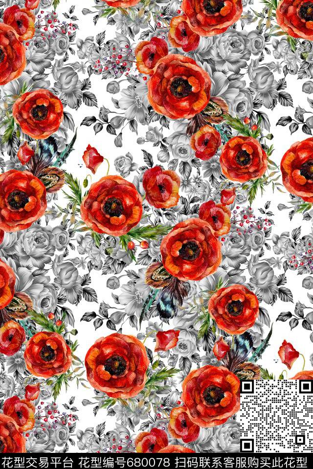 牡丹花朵花卉数码印花华亿平台下载（图片编号: 680078） - 瓦栏（Walan）