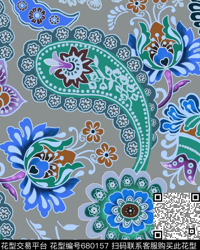 火腿花佩斯利腰果传统印花华亿平台下载（图片编号: 680157） - 瓦栏（Walan）