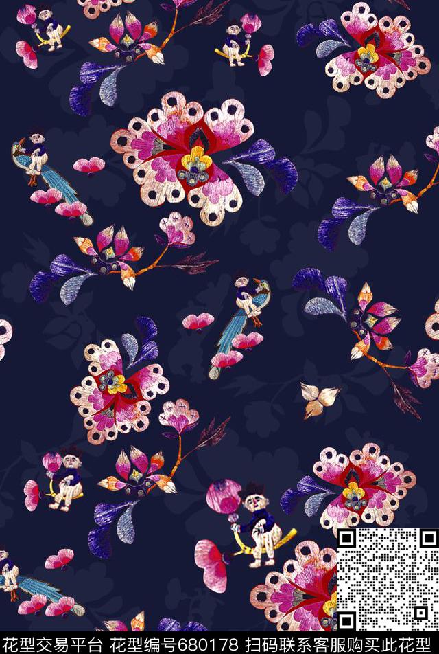 民族风手绘刺绣感花卉刺绣花鸟蝴蝶花卉数码印花华亿平台下载（图片编号: 680178） - 瓦栏（Walan）