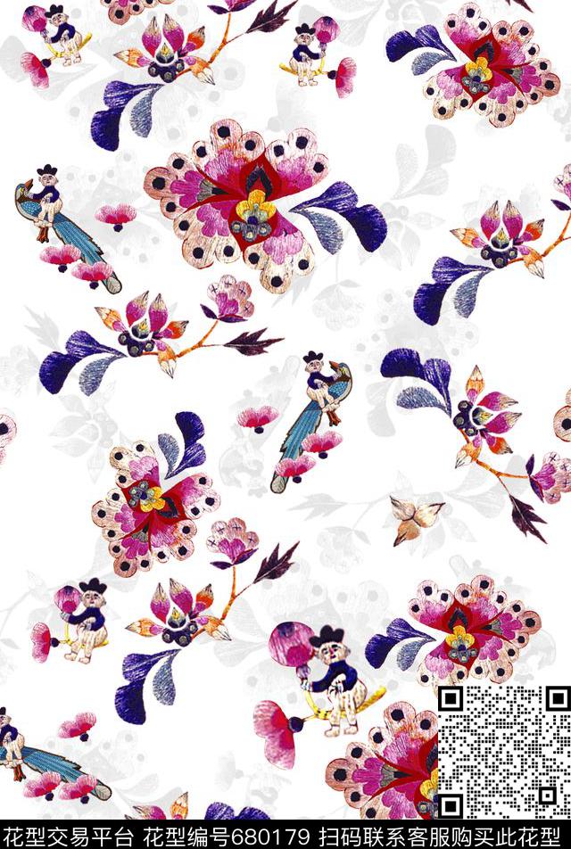 民族风手绘刺绣感花卉刺绣花鸟蝴蝶花卉数码印花华亿平台下载（图片编号: 680179） - 瓦栏（Walan）