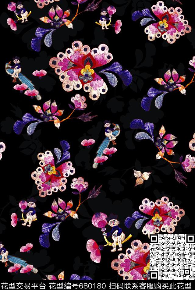 民族风手绘刺绣感花卉刺绣花鸟蝴蝶花卉数码印花华亿平台下载（图片编号: 680180） - 瓦栏（Walan）