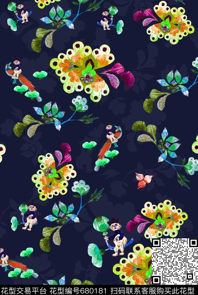 民族风手绘刺绣感花卉刺绣花鸟蝴蝶花卉数码印花华亿平台下载（图片编号: 680181） - 瓦栏（Walan）