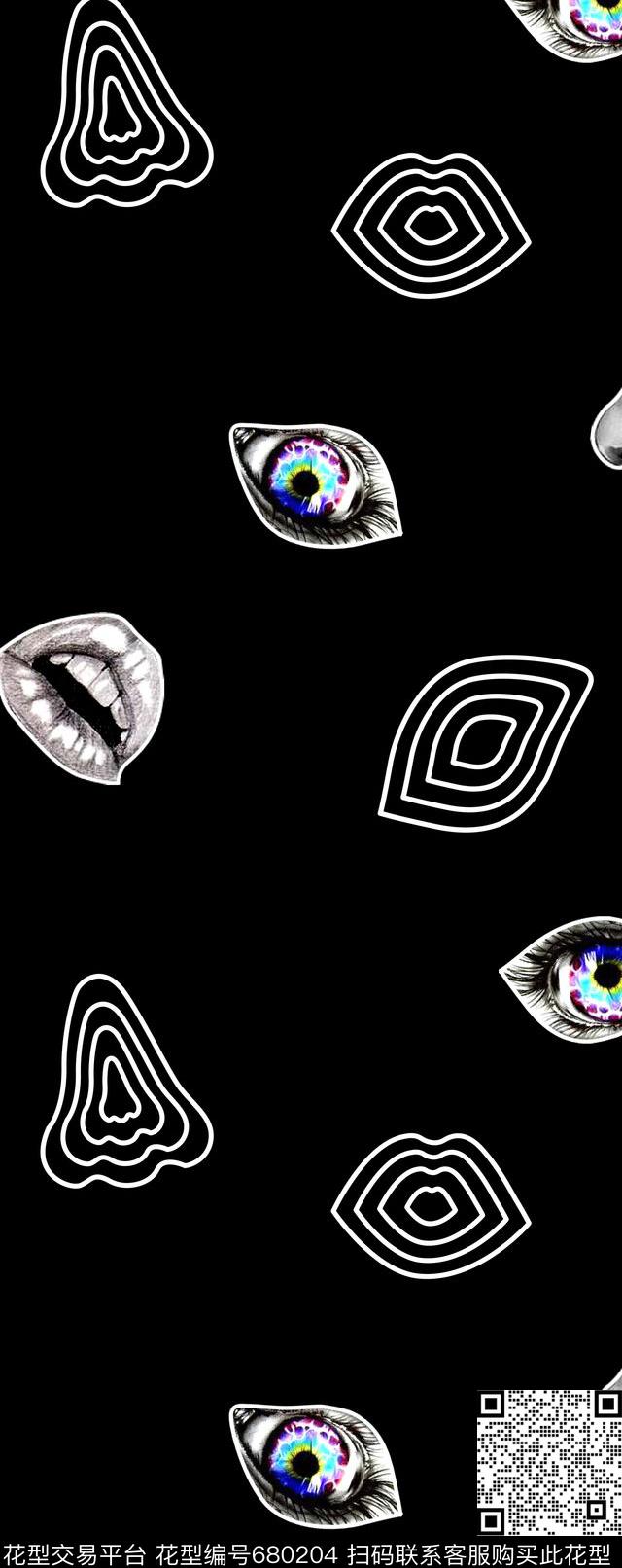 眼睛嘴唇几何传统印花华亿平台下载（图片编号: 680204） - 瓦栏（Walan）